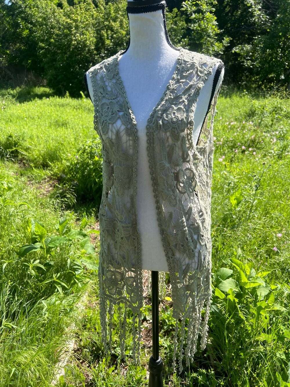 Cato Sage Green Floral Lace Fringe Boho Vest Size L